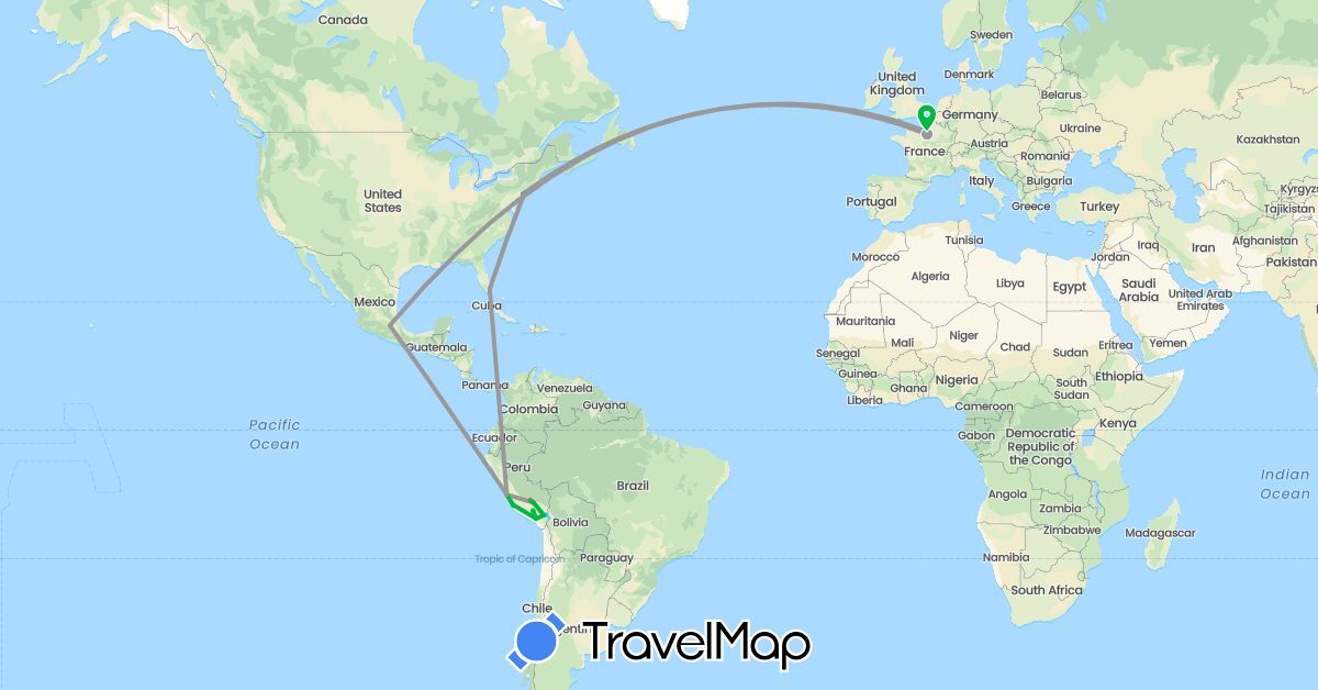 TravelMap itinerary: driving, bus, plane, hiking, boat in France, Peru, United States (Europe, North America, South America)